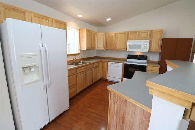 506 Centennial Dr, Sheridan, MT 59749 - kitchen featuring white appliances, light brown cabinets, lofted ceiling, dark wood-style flooring, and recessed lighting