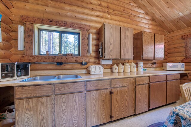 425 S O St, Sula, MT 59871 - kitchen with white microwave, rustic walls, light countertops, wooden ceiling, and a sink