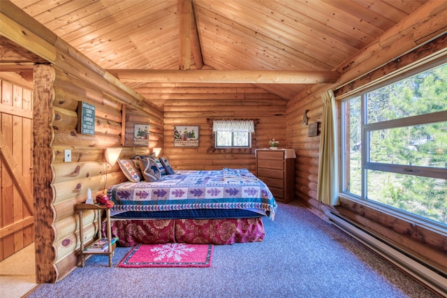 425 S O St, Sula, MT 59871 - bedroom featuring baseboard heating, log walls, carpet floors, and wood ceiling