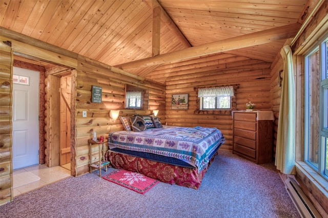 425 S O St, Sula, MT 59871 - bedroom featuring a baseboard heating unit, wood ceiling, log walls, and carpet floors