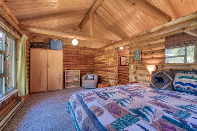 425 S O St, Sula, MT 59871 - bedroom with a baseboard heating unit, wood ceiling, log walls, and carpet