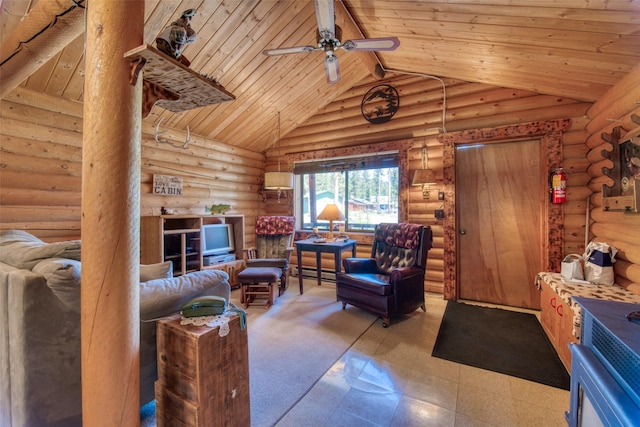 425 S O St, Sula, MT 59871 - living area with ceiling fan, rustic walls, vaulted ceiling, wood ceiling, and tile patterned floors