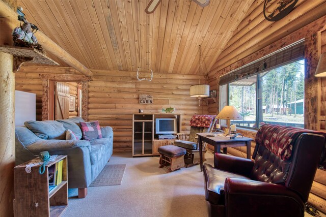 425 S O St, Sula, MT 59871 - carpeted living area featuring rustic walls and wood ceiling