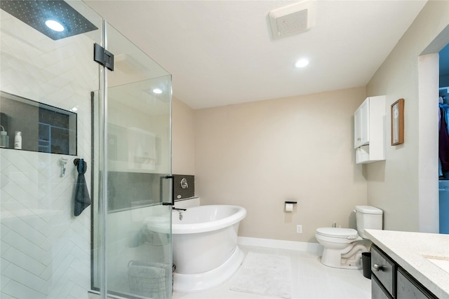1296 Bighorn Rd, Helena, MT 59602 - bathroom featuring vanity, a freestanding bath, a stall shower, tile patterned floors, and toilet