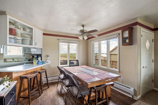 151 6th Ln NE, Fairfield, MT 59436 - dining area featuring baseboard heating, healthy amount of natural light, a ceiling fan, and a textured ceiling