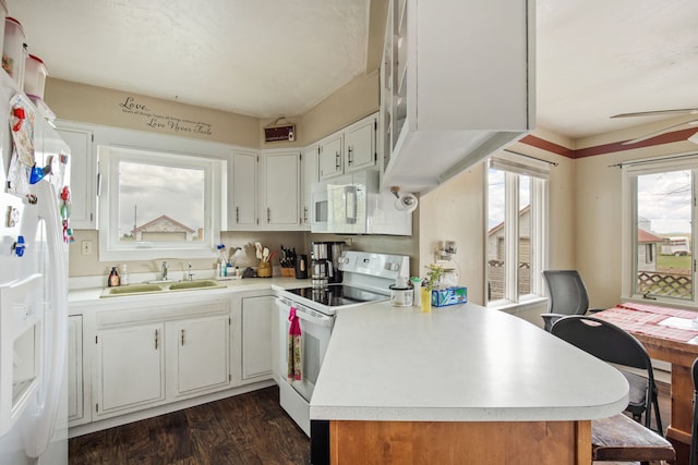 151 6th Ln NE, Fairfield, MT 59436 - kitchen featuring a sink, white appliances, a peninsula, light countertops, and dark wood-type flooring