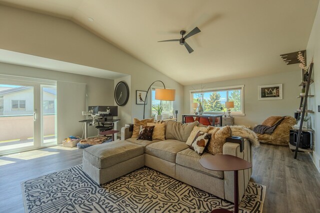 4134 Fox Ridge Dr, Helena, MT 59602 - living room featuring wood finished floors, ceiling fan, and vaulted ceiling