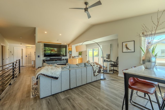 4134 Fox Ridge Dr, Helena, MT 59602 - living area featuring ceiling fan, wood finished floors, lofted ceiling, recessed lighting, and baseboards