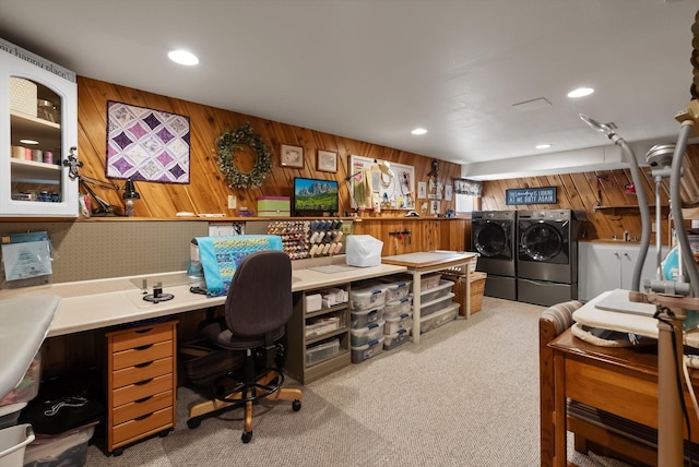36 Winchester St, Kalispell, MT 59901 - office area featuring washer and clothes dryer, wooden walls, carpet floors, and recessed lighting
