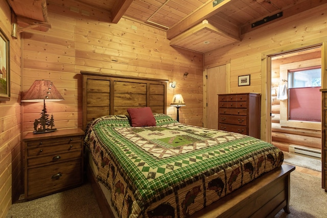 589 Summit Dr, Seeley Lake, MT 59868 - bedroom with a wooden ceiling with exposed beams, baseboard heating, and wood walls