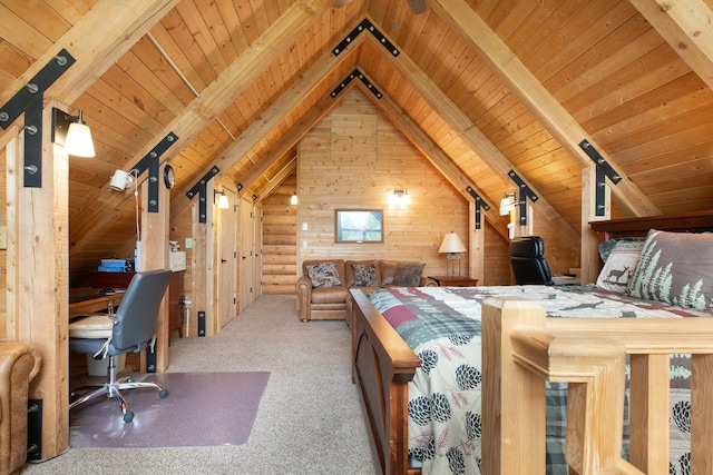 589 Summit Dr, Seeley Lake, MT 59868 - bedroom featuring wood ceiling, a desk, carpet, and wood walls