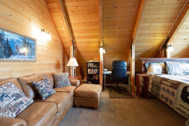 589 Summit Dr, Seeley Lake, MT 59868 - carpeted bedroom with wood walls and beam ceiling