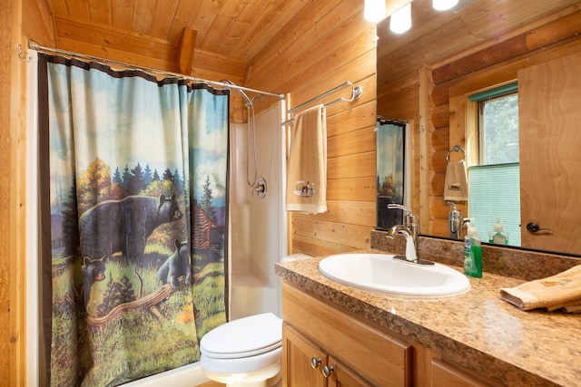 589 Summit Dr, Seeley Lake, MT 59868 - full bath with wooden ceiling, vanity, curtained shower, and wooden walls