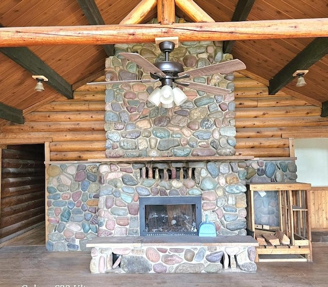 438 Little Mill Creek Rd, Saint Regis, MT 59866 - detailed view of wooden ceiling with exposed beams, rustic walls, wood finished floors, a stone fireplace, and ceiling fan