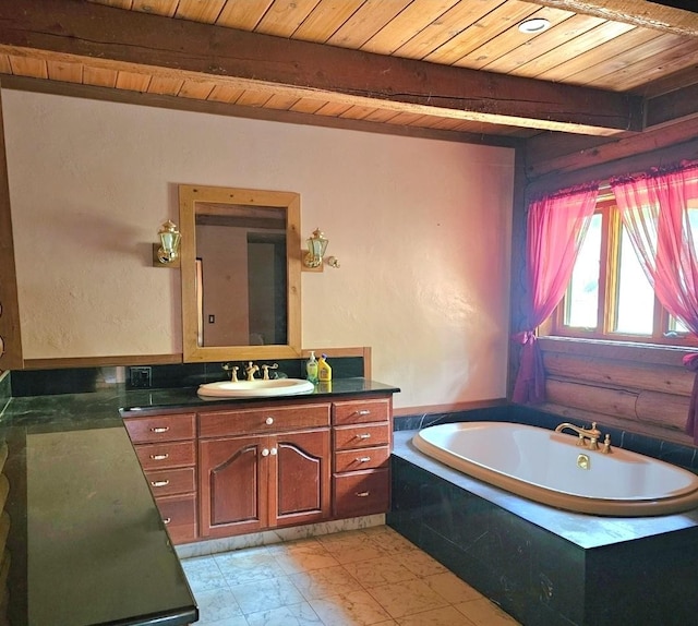 438 Little Mill Creek Rd, Saint Regis, MT 59866 - full bath featuring wood ceiling with exposed beams, vanity, and a garden tub