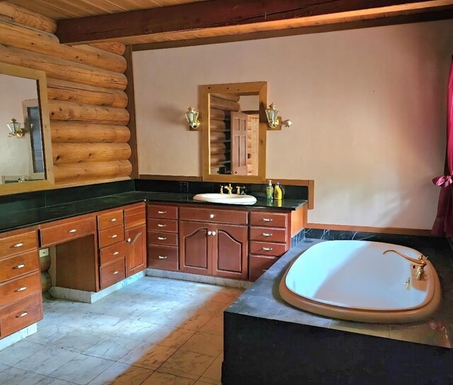 438 Little Mill Creek Rd, Saint Regis, MT 59866 - full bath with rustic walls, vanity, a bath, and beam ceiling