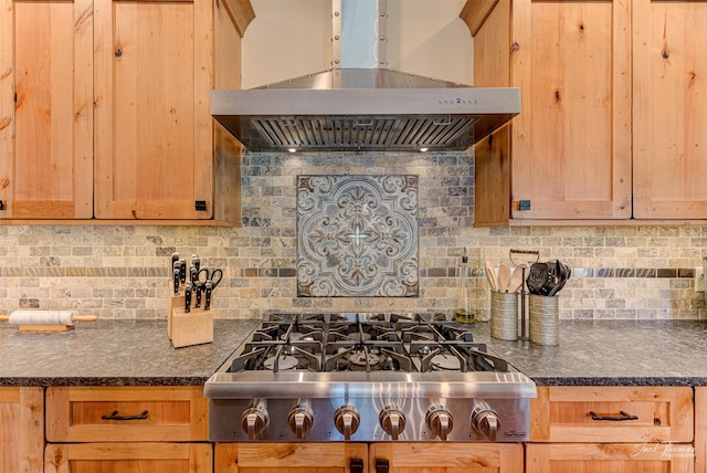 20 Penny Ln, Clancy, MT 59634 - kitchen featuring wall chimney range hood, stainless steel gas stovetop, and decorative backsplash