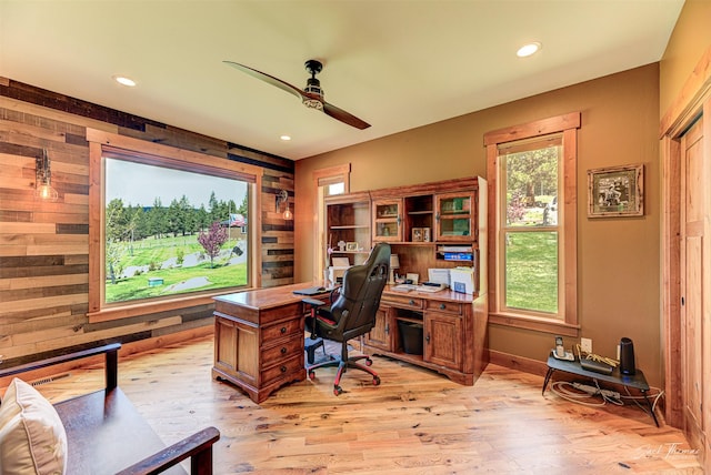 20 Penny Ln, Clancy, MT 59634 - office with ceiling fan, wooden walls, light wood-type flooring, and recessed lighting