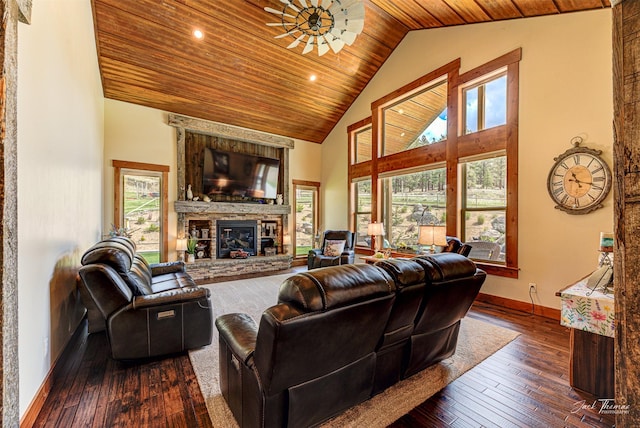 20 Penny Ln, Clancy, MT 59634 - living area featuring wooden ceiling, plenty of natural light, a fireplace, dark wood-style flooring, and high vaulted ceiling