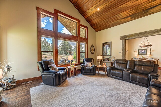 20 Penny Ln, Clancy, MT 59634 - living area featuring wooden ceiling, a chandelier, high vaulted ceiling, wood finished floors, and recessed lighting