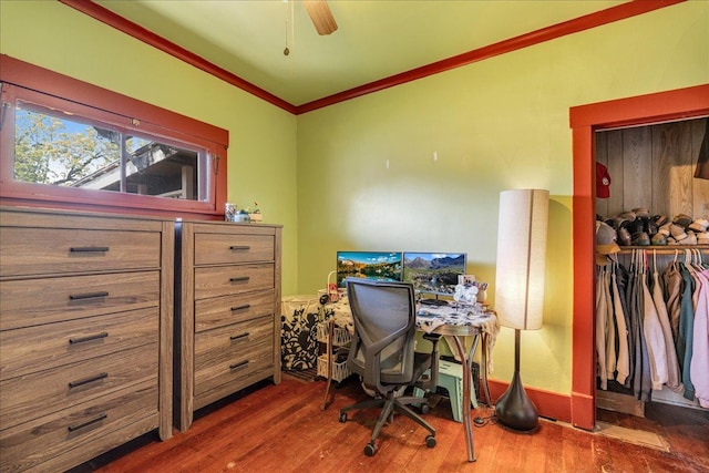 1712 1st Ave N, Great Falls, MT 59401 - home office with crown molding, wood finished floors, and a ceiling fan