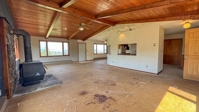 6180 Elkhorn Rd, Helena, MT 59602 - unfurnished living room with a wood stove, ceiling fan, wood ceiling, a baseboard radiator, and baseboards