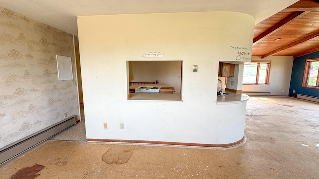6180 Elkhorn Rd, Helena, MT 59602 - empty room with a baseboard radiator, a baseboard heating unit, wooden ceiling with exposed beams, wallpapered walls, and baseboards