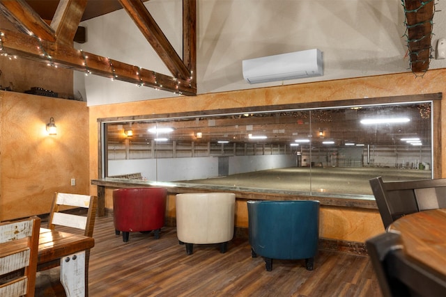 300 Morning View Dr, Kalispell, MT 59901 - bar with an AC wall unit, wood finished floors, high vaulted ceiling, and beamed ceiling