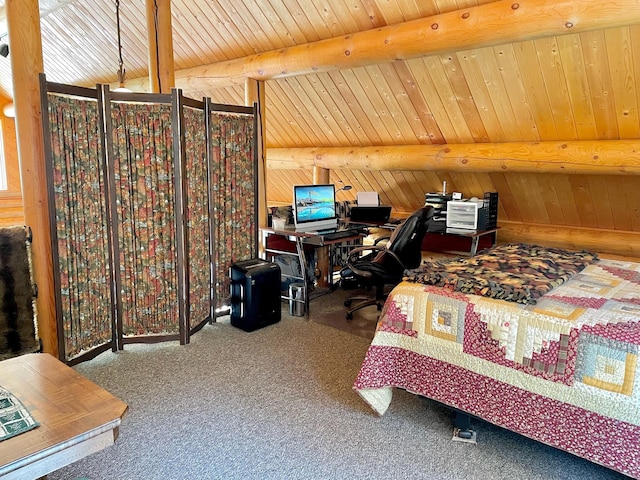 30 Williams Gulch Loop, Philipsburg, MT 59858 - bedroom with wood walls, a desk, carpet, and a wooden ceiling with exposed beams