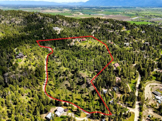 251 S Eighty Dr, Somers, MT 59932 - aerial overview of property's location featuring property boundaries highlighted, a forest, and a mountain backdrop