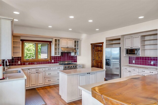 251 S Eighty Dr, Somers, MT 59932 - kitchen featuring open shelves, appliances with stainless steel finishes, a sink, decorative backsplash, and a center island