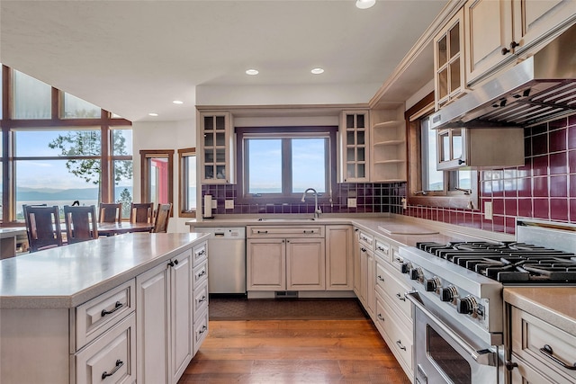 251 S Eighty Dr, Somers, MT 59932 - kitchen featuring dishwashing machine, high end stove, under cabinet range hood, a sink, and light countertops