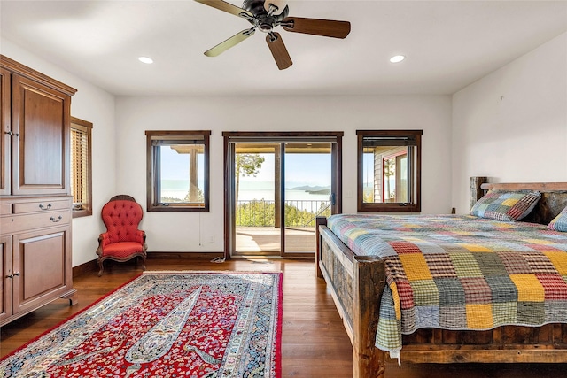 251 S Eighty Dr, Somers, MT 59932 - bedroom with access to exterior, dark wood-style flooring, recessed lighting, ceiling fan, and baseboards