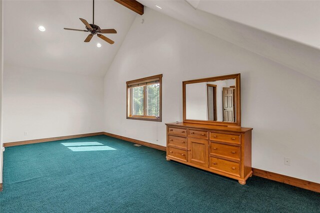 251 S Eighty Dr, Somers, MT 59932 - unfurnished bedroom featuring baseboards, dark colored carpet, beam ceiling, high vaulted ceiling, and recessed lighting