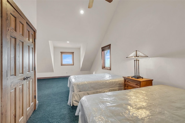 251 S Eighty Dr, Somers, MT 59932 - carpeted bedroom featuring high vaulted ceiling, baseboards, ceiling fan, and recessed lighting