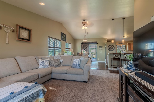 5946 Johnson Rd, East Helena, MT 59635 - carpeted living room with vaulted ceiling, recessed lighting, and baseboards