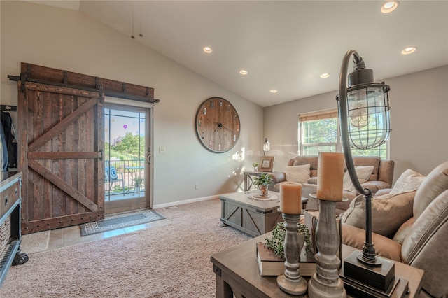 5946 Johnson Rd, East Helena, MT 59635 - carpeted living area featuring recessed lighting, vaulted ceiling, baseboards, and a barn door