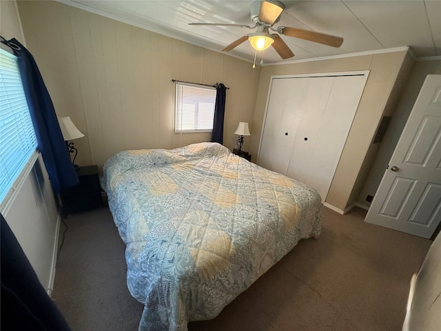 991 Phillips Rd, Helena, MT 59602 - bedroom featuring carpet, ornamental molding, a closet, and ceiling fan