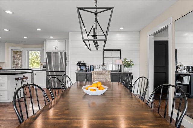 1683 Foxtail Dr, Kalispell, MT 59901 - dining space with recessed lighting, dark wood-style flooring, wine cooler, and a chandelier