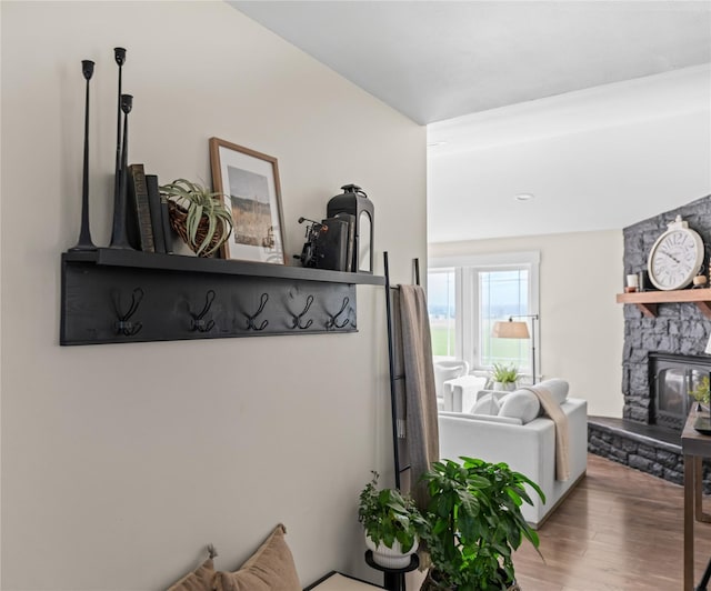 1683 Foxtail Dr, Kalispell, MT 59901 - detailed view of wood finished floors and a stone fireplace
