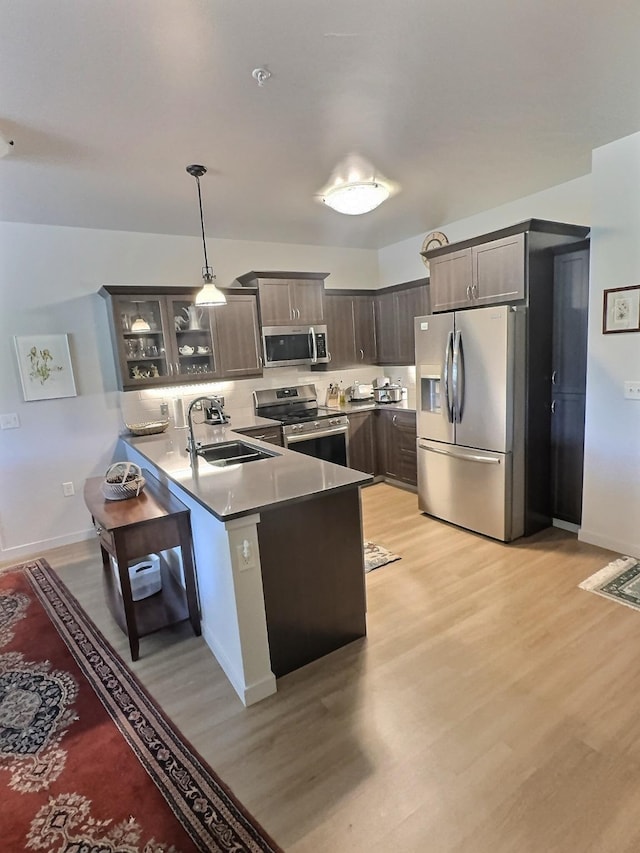 100 Woodlands Way Unit W-204, Kalispell, MT 59901 - kitchen with stainless steel appliances, a peninsula, light wood-type flooring, glass insert cabinets, and dark brown cabinetry