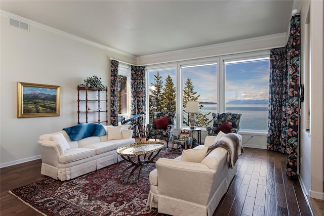 29137 Rocky Point Rd, Polson, MT 59860 - living room featuring baseboards, crown molding, dark wood finished floors, and plenty of natural light