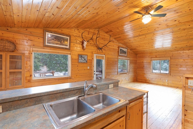 15530 S Sperry Grade Rd, Greenough, MT 59823 - kitchen with a sink, lofted ceiling, wood walls, wooden ceiling, and a ceiling fan
