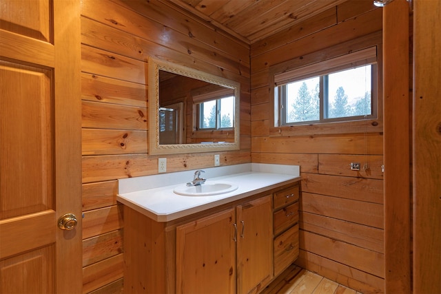 15530 S Sperry Grade Rd, Greenough, MT 59823 - bathroom featuring vanity, wood walls, and wood ceiling