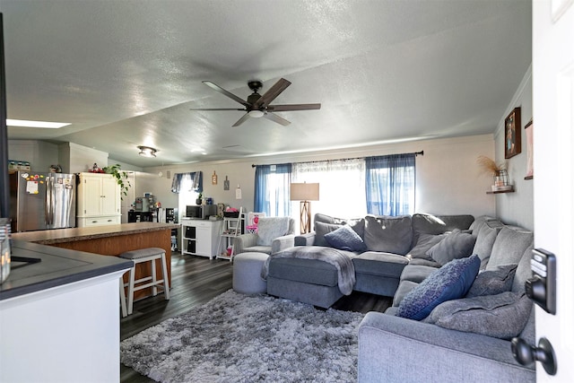 13414 Ashlyn Dr, Missoula, MT 59808 - living room with a ceiling fan, dark wood finished floors, a textured ceiling, and lofted ceiling