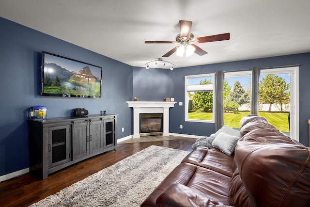 25 Logan Way, Kalispell, MT 59901 - living area with a ceiling fan, dark wood finished floors, and a glass covered fireplace