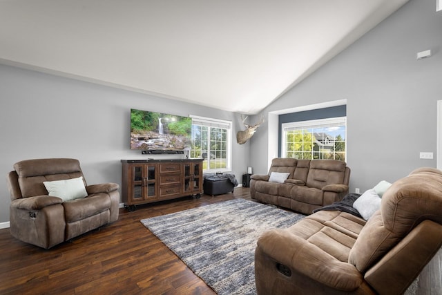 25 Logan Way, Kalispell, MT 59901 - living area featuring high vaulted ceiling and dark wood-style floors
