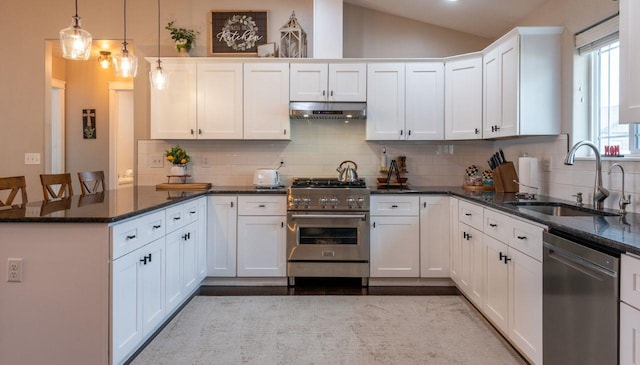 140 Ali Loop, Kalispell, MT 59901 - kitchen featuring stainless steel appliances, under cabinet range hood, a peninsula, decorative backsplash, and white cabinetry