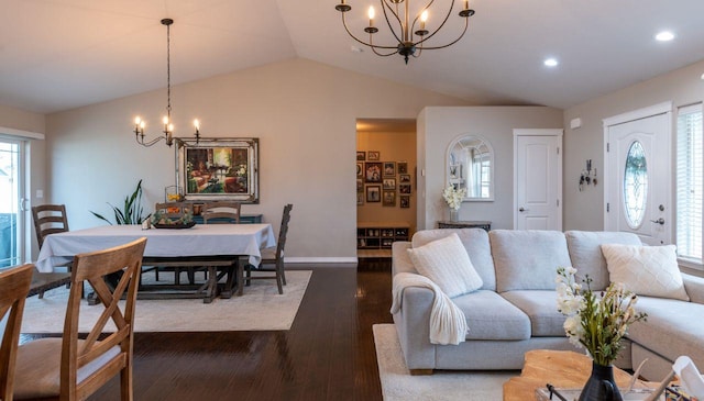 140 Ali Loop, Kalispell, MT 59901 - living area featuring a chandelier, lofted ceiling, dark wood finished floors, and recessed lighting