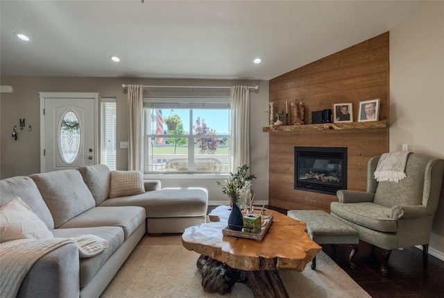 140 Ali Loop, Kalispell, MT 59901 - living area featuring recessed lighting, a glass covered fireplace, and lofted ceiling